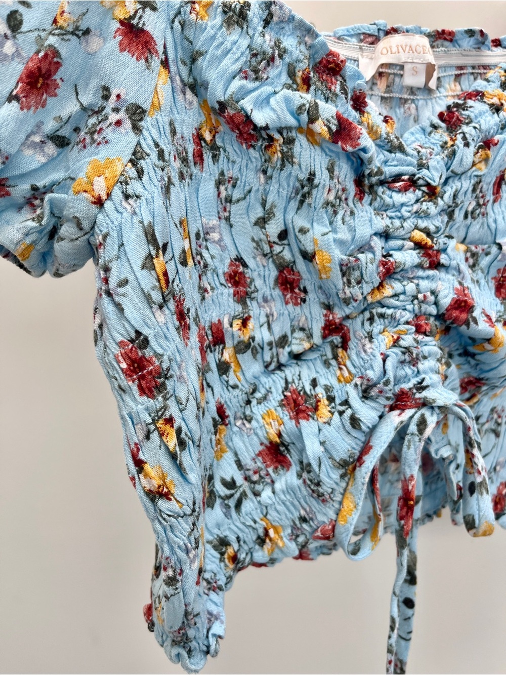 Olivaceous Ruched, Off-The-Shoulder Light Blue Floral Drawstring Crop Top